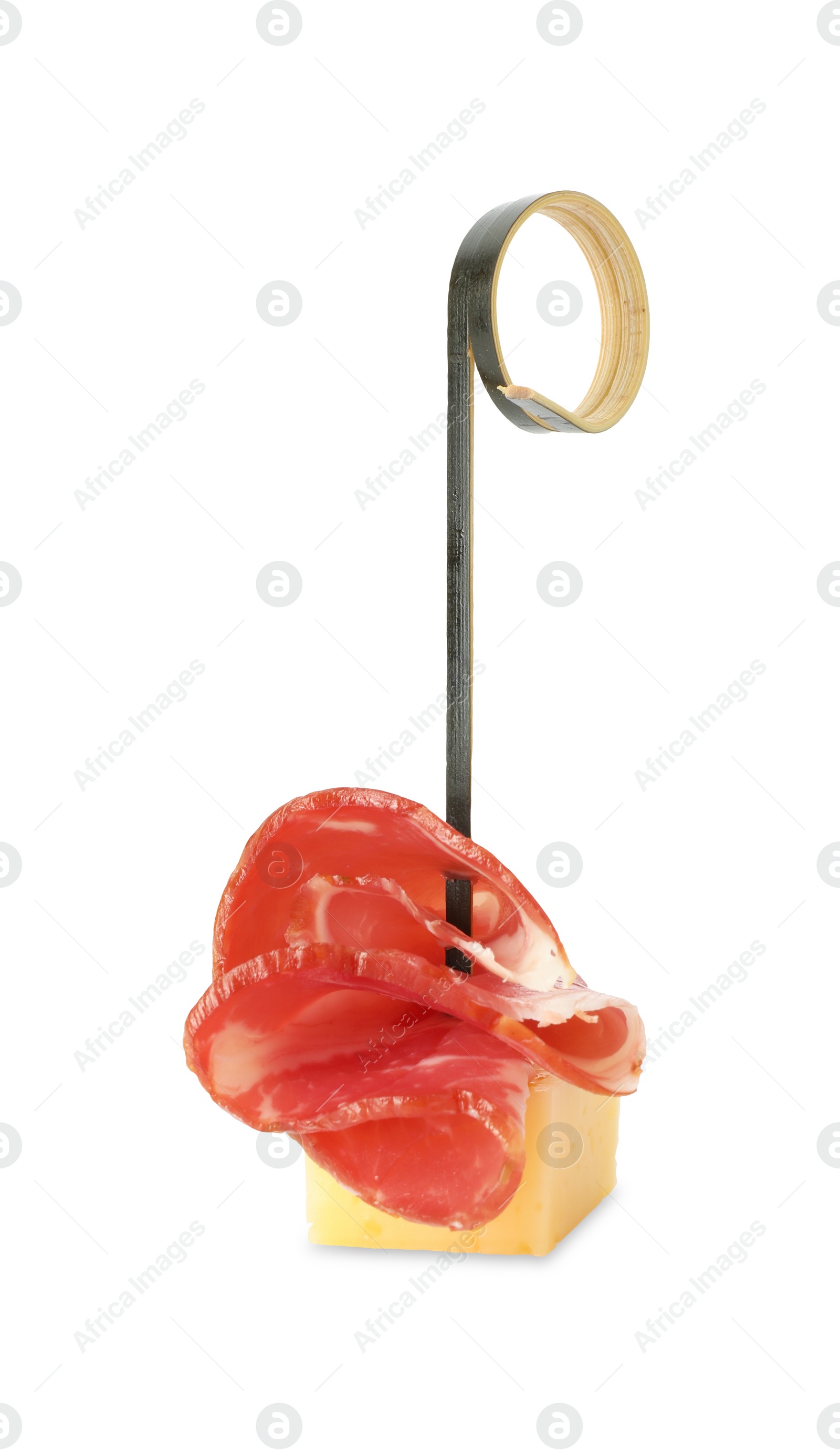 Photo of Tasty canape with cheese and ham isolated on white