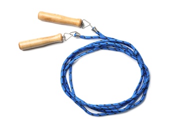 Photo of Jump rope on white background, top view. Sports equipment