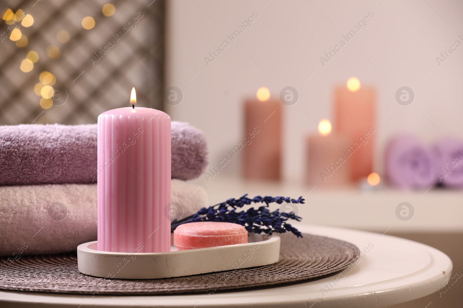 Photo of Beautiful composition with different spa products on white table indoors