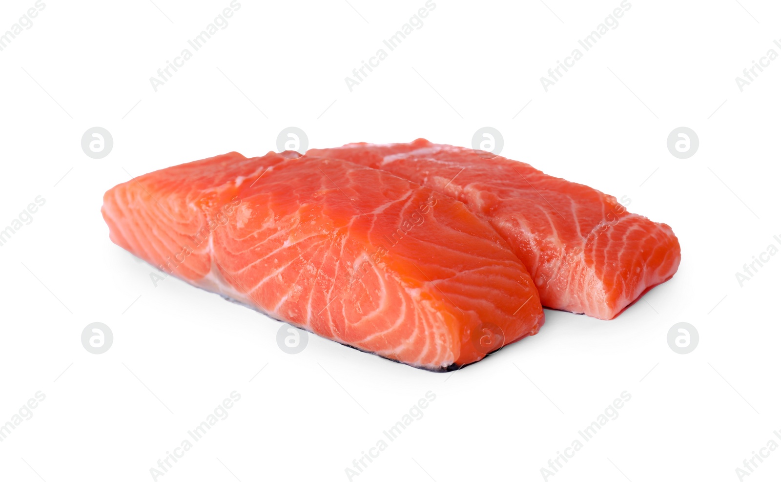 Photo of Pieces of fresh raw salmon on white background