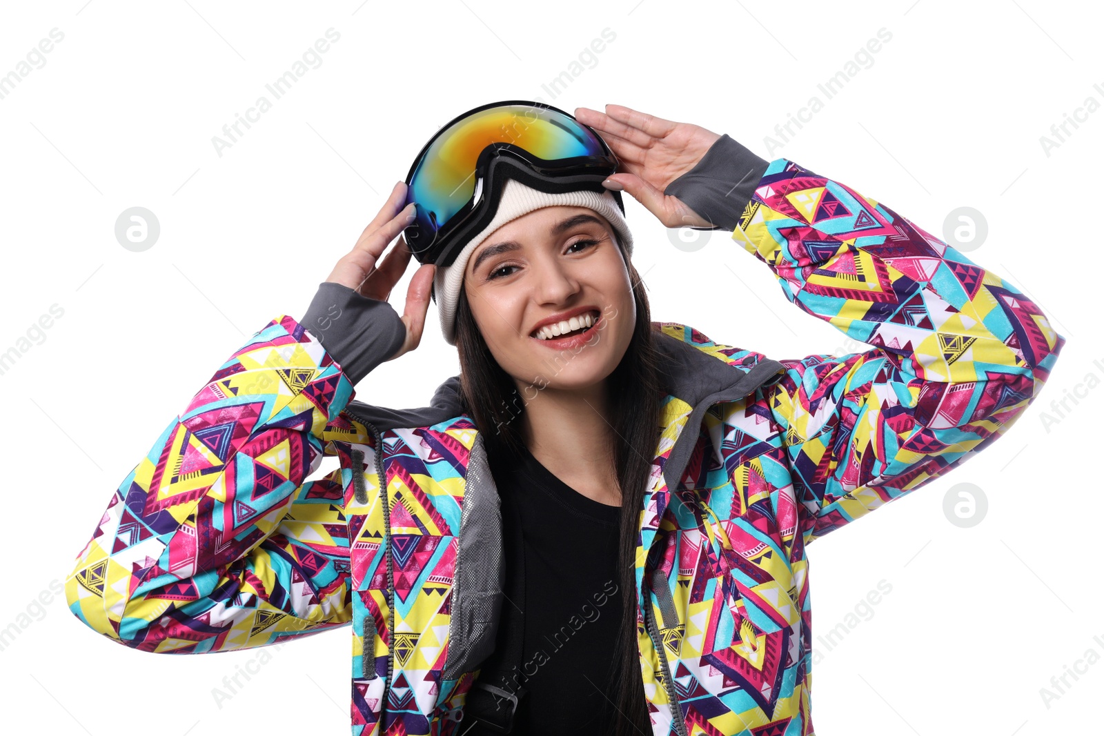 Photo of Woman wearing stylish winter sport clothes on white background