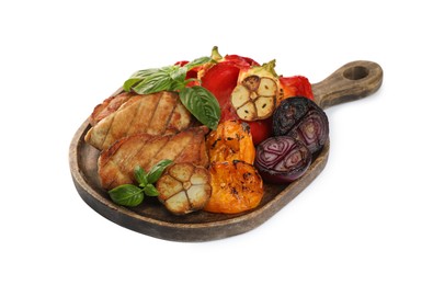 Photo of Board with tasty grilled vegetables, meat and basil isolated on white