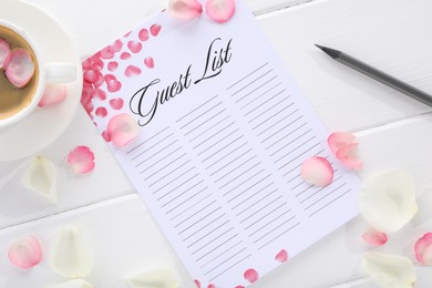 Guest list, pencil, coffee and petals on white wooden table, flat lay. Space for text