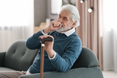 Portrait of happy grandpa with walking cane sitting on sofa indoors