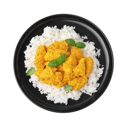 Photo of Delicious rice and chicken with curry sauce isolated on white, top view