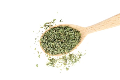 Photo of Wooden spoon with dried parsley on white background, top view