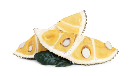 Photo of Slices of delicious cut fresh exotic jackfruit on white background