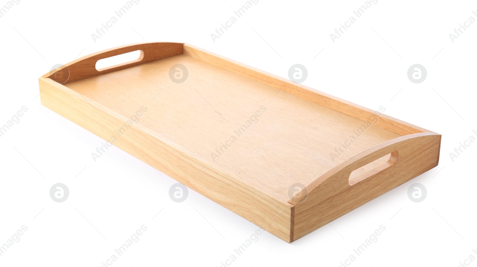 Photo of One empty wooden tray isolated on white