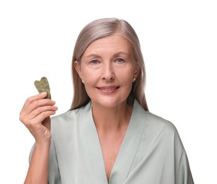 Woman with jade gua sha tool isolated on white. Facial massage