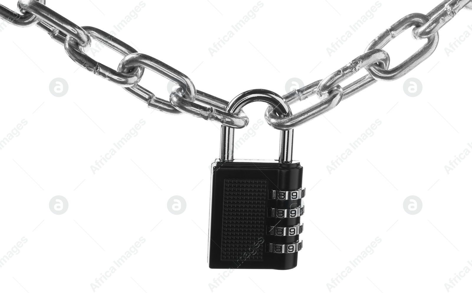 Photo of Steel combination padlock and chain isolated on white