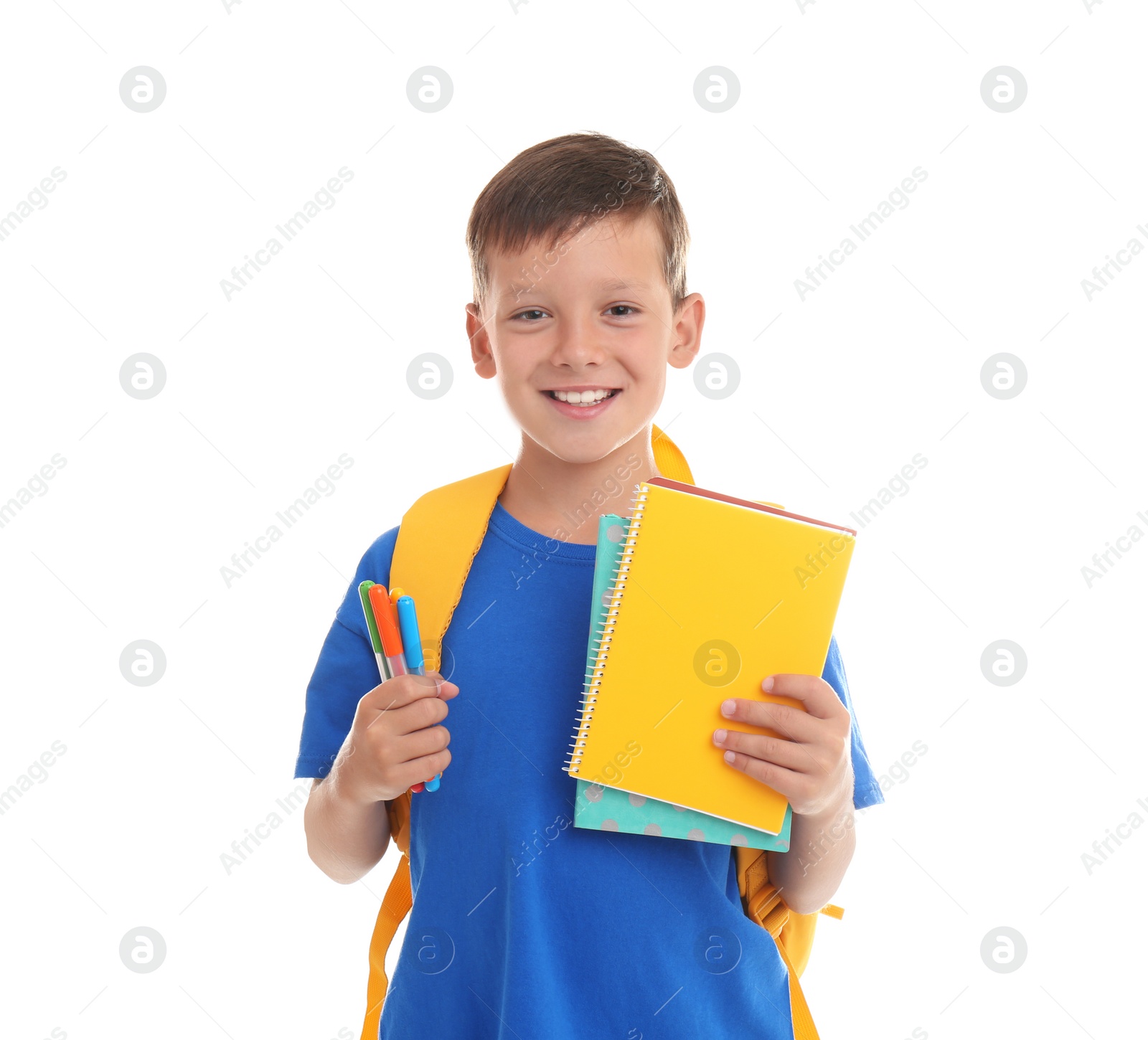 Photo of Cute child with school stationery on white background