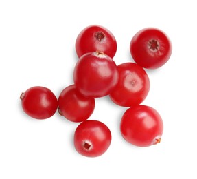 Photo of Fresh ripe cranberries isolated on white, top view