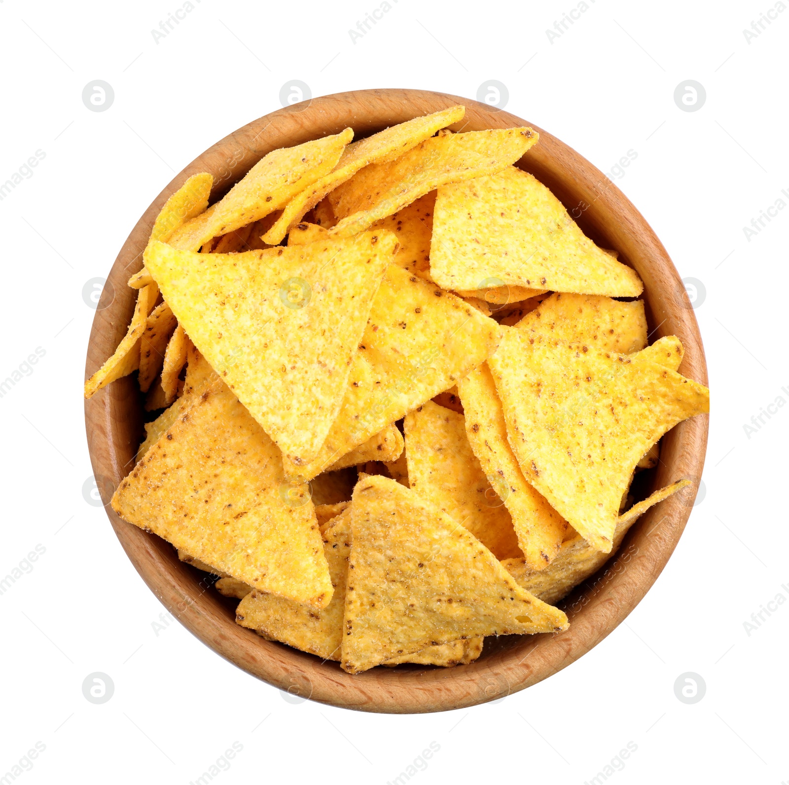 Photo of Wooden bowl with tasty Mexican nachos chips on white background, top view