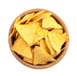 Photo of Wooden bowl with tasty Mexican nachos chips on white background, top view