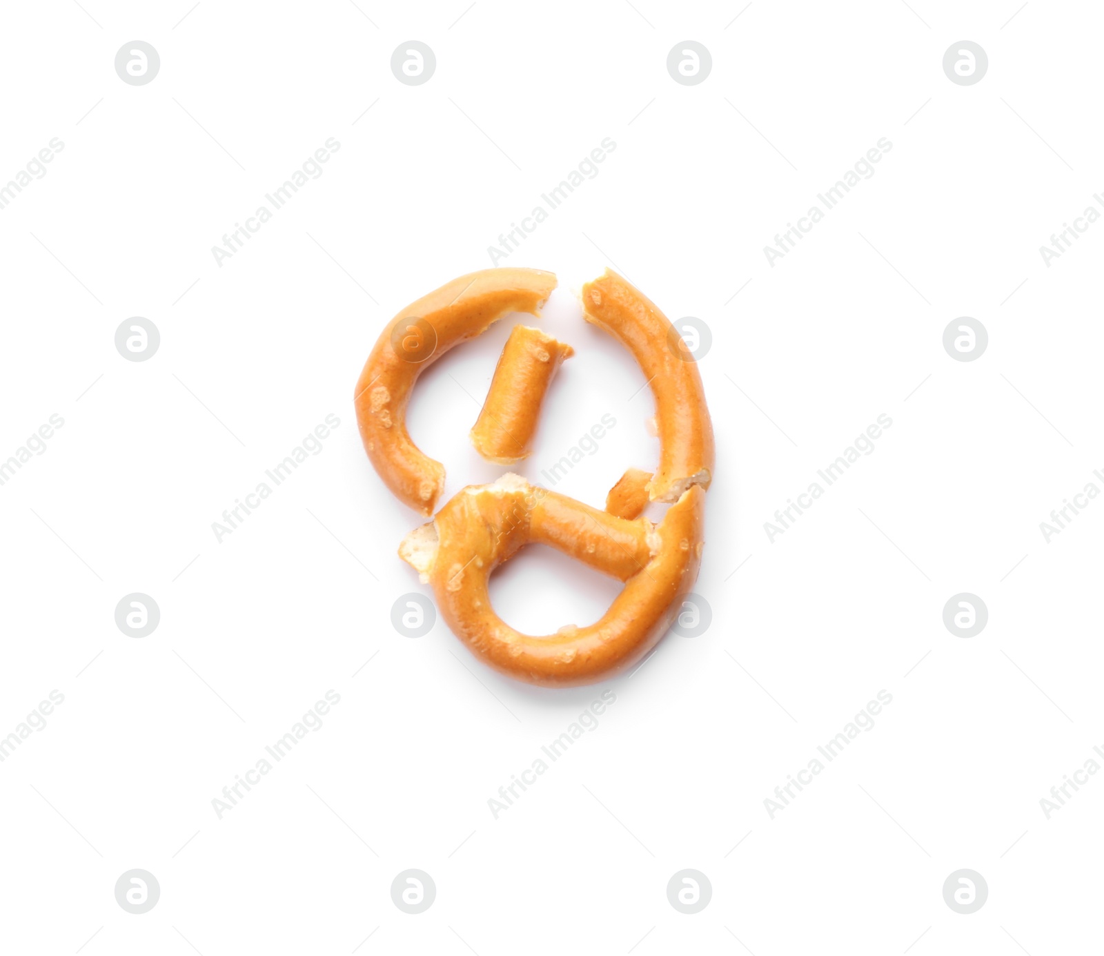 Photo of Broken crispy pretzel cracker isolated on white, top view