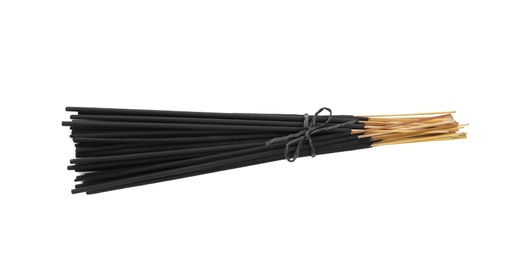 Many aromatic incense sticks tied with twine on white background