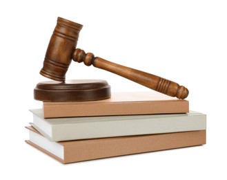 Photo of Wooden gavel and stack of books on white background