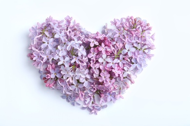 Heart made of blossoming lilac on color background, flat lay. Spring flowers