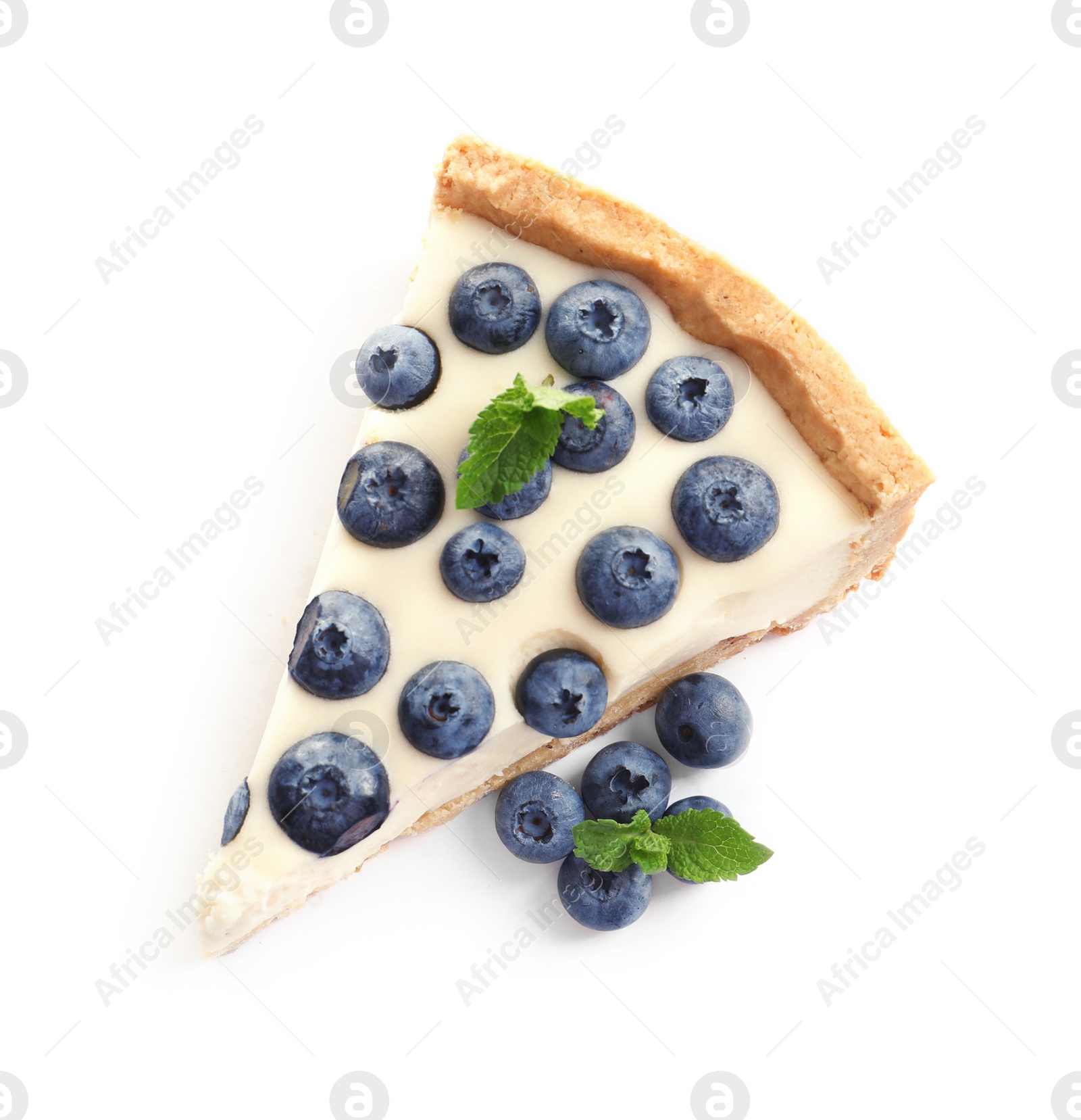 Photo of Piece of tasty blueberry cake on white background, top view