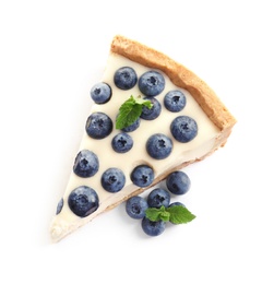 Piece of tasty blueberry cake on white background, top view
