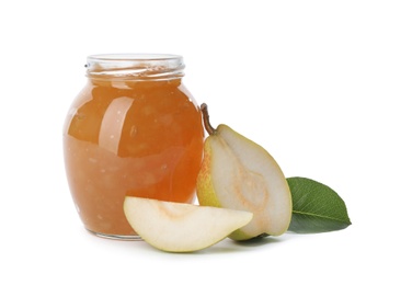 Photo of Delicious pear jam and fresh fruits on white background