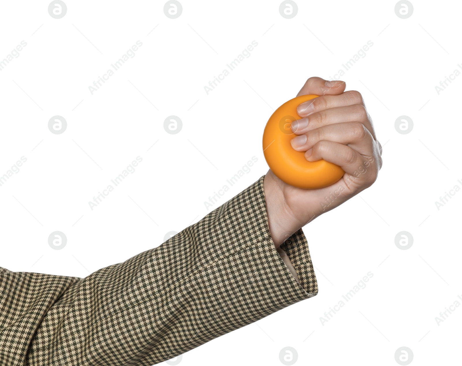 Photo of Woman squeezing antistress ball on white background, closeup
