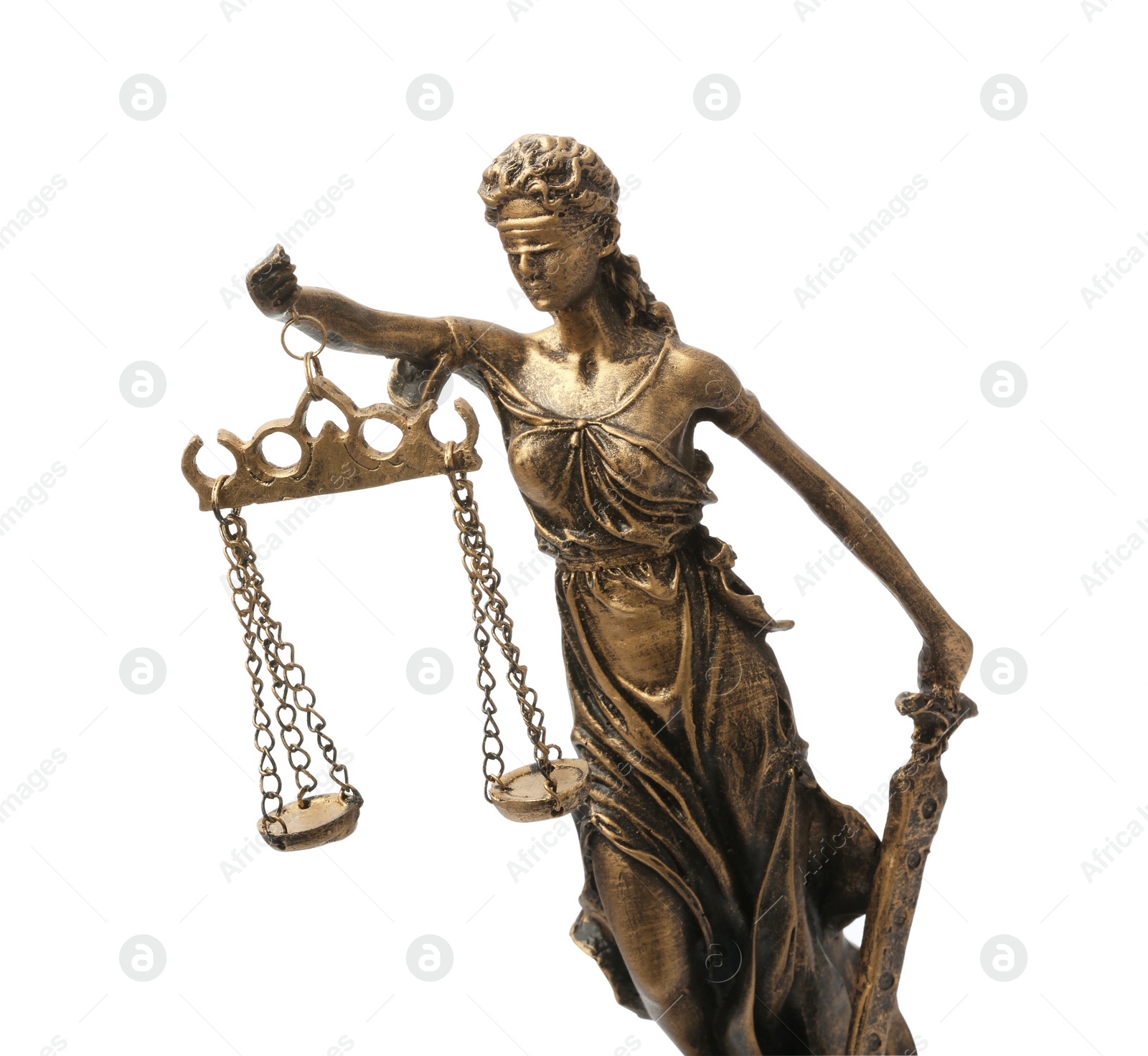 Photo of Statue of Lady Justice isolated on white. Symbol of fair treatment under law