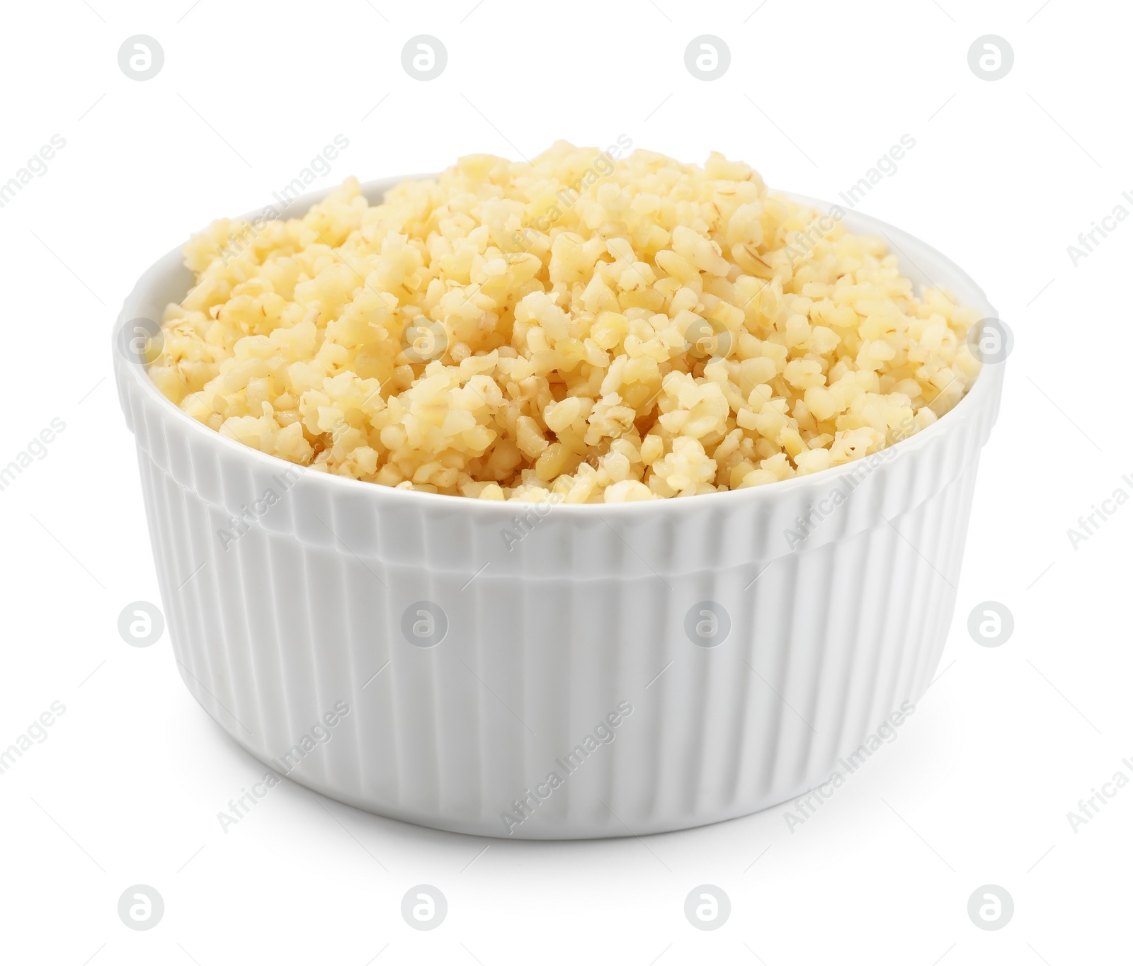 Photo of Delicious bulgur in bowl isolated on white