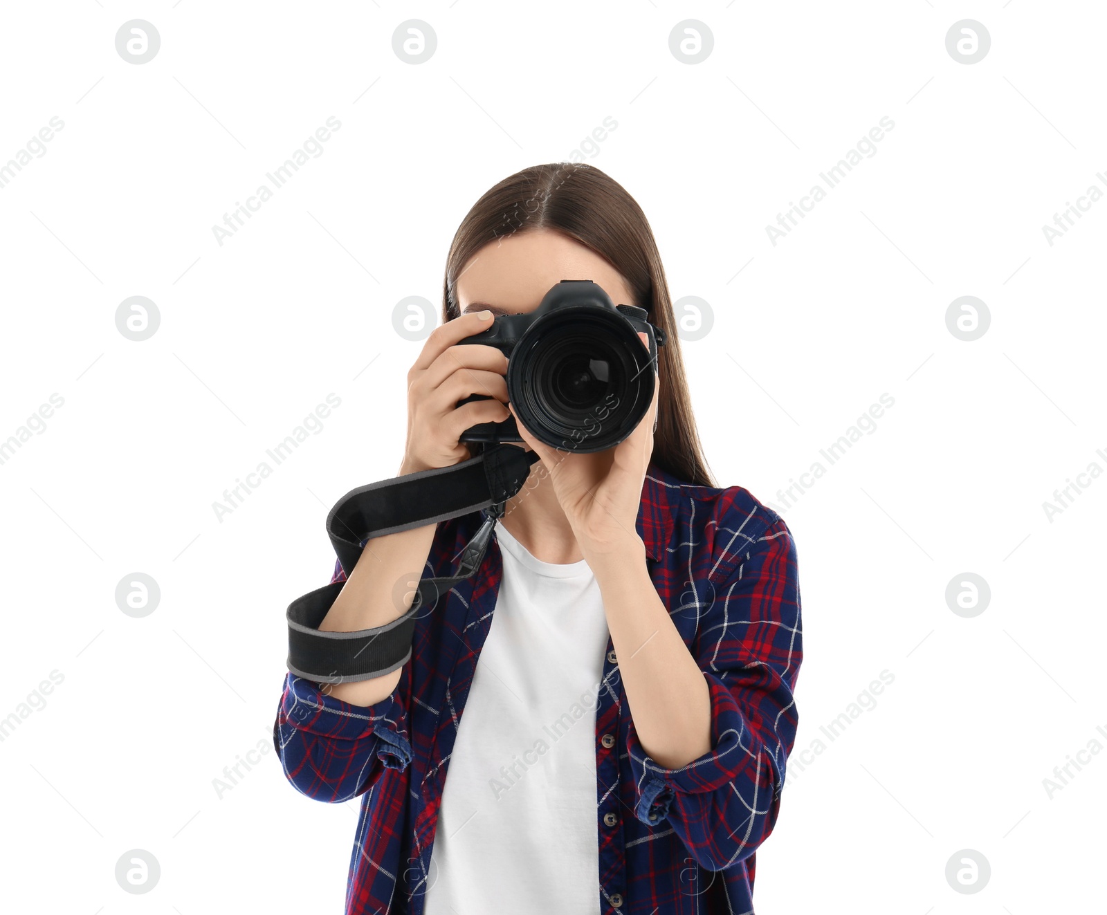 Photo of Professional photographer taking picture on white background