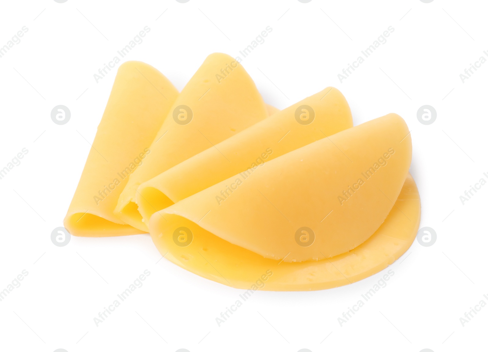 Photo of Slices of tasty fresh cheese isolated on white