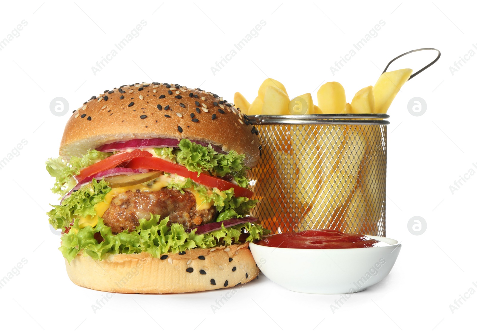 Burger with delicious patty, french fries and sauce isolated on white Photo of Burger with delicious patty, french fries and sauce isolated on white