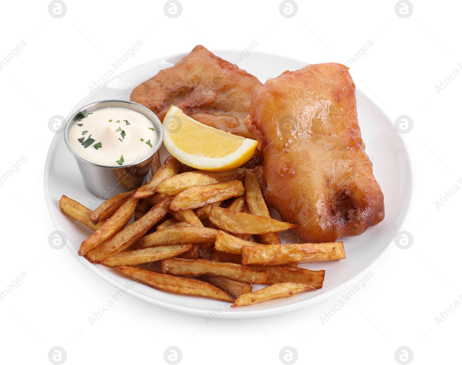 Photo of Tasty fish, chips, lemon and sauce isolated on white