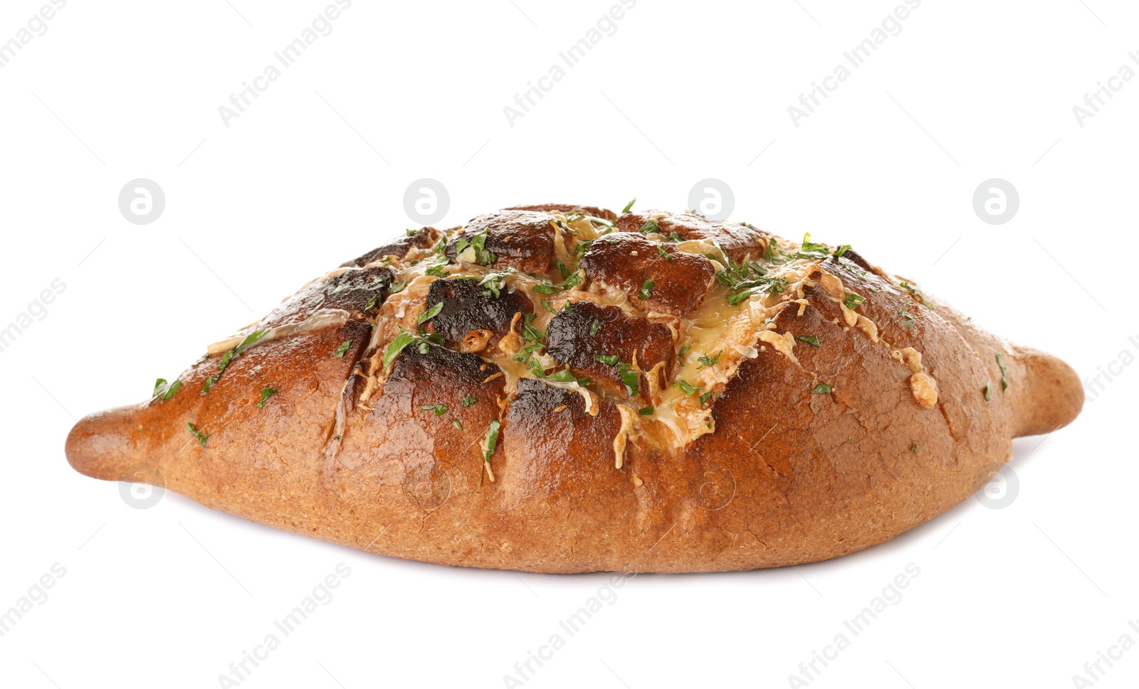 Photo of Delicious homemade garlic bread with herbs and cheese on white background