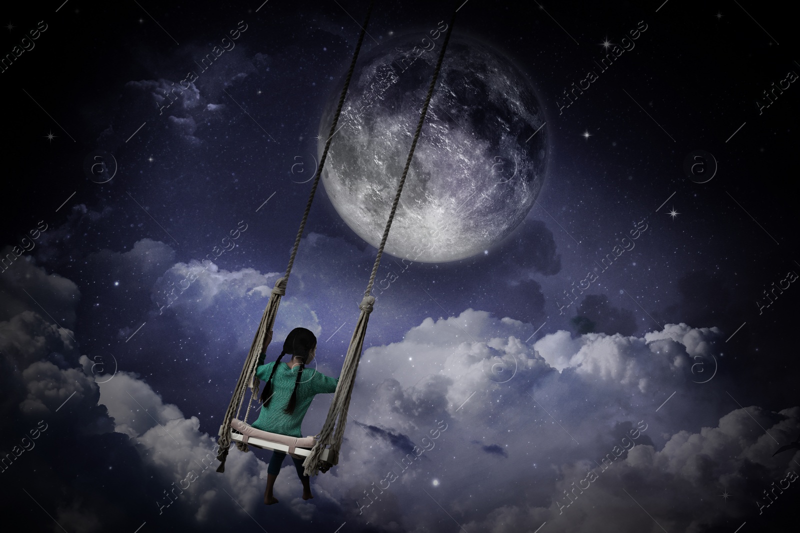 Image of Sleepwalking condition. Girl on swing in night sky with full moon