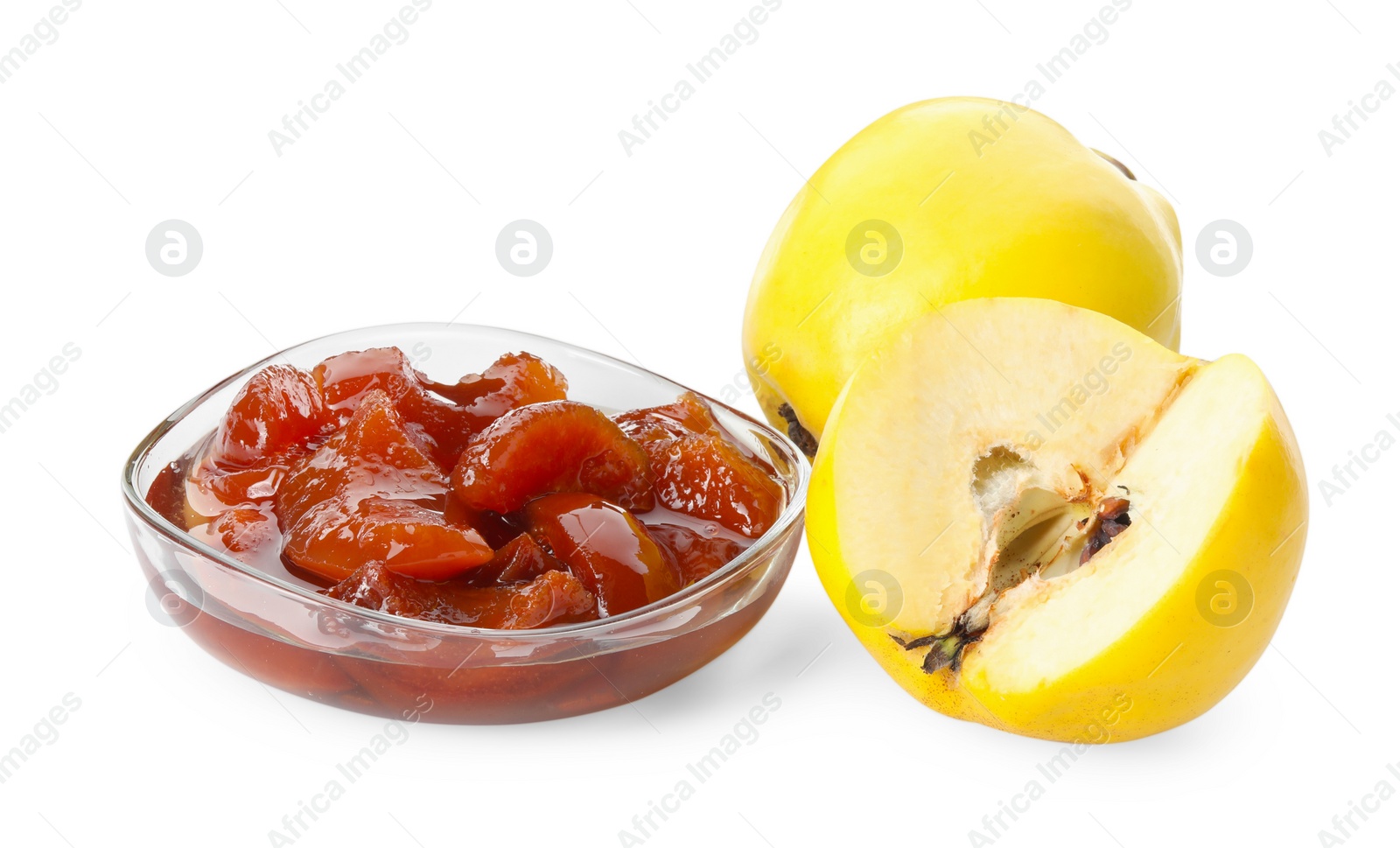 Photo of Quince jam in glass bowl and fresh raw fruits isolated on white