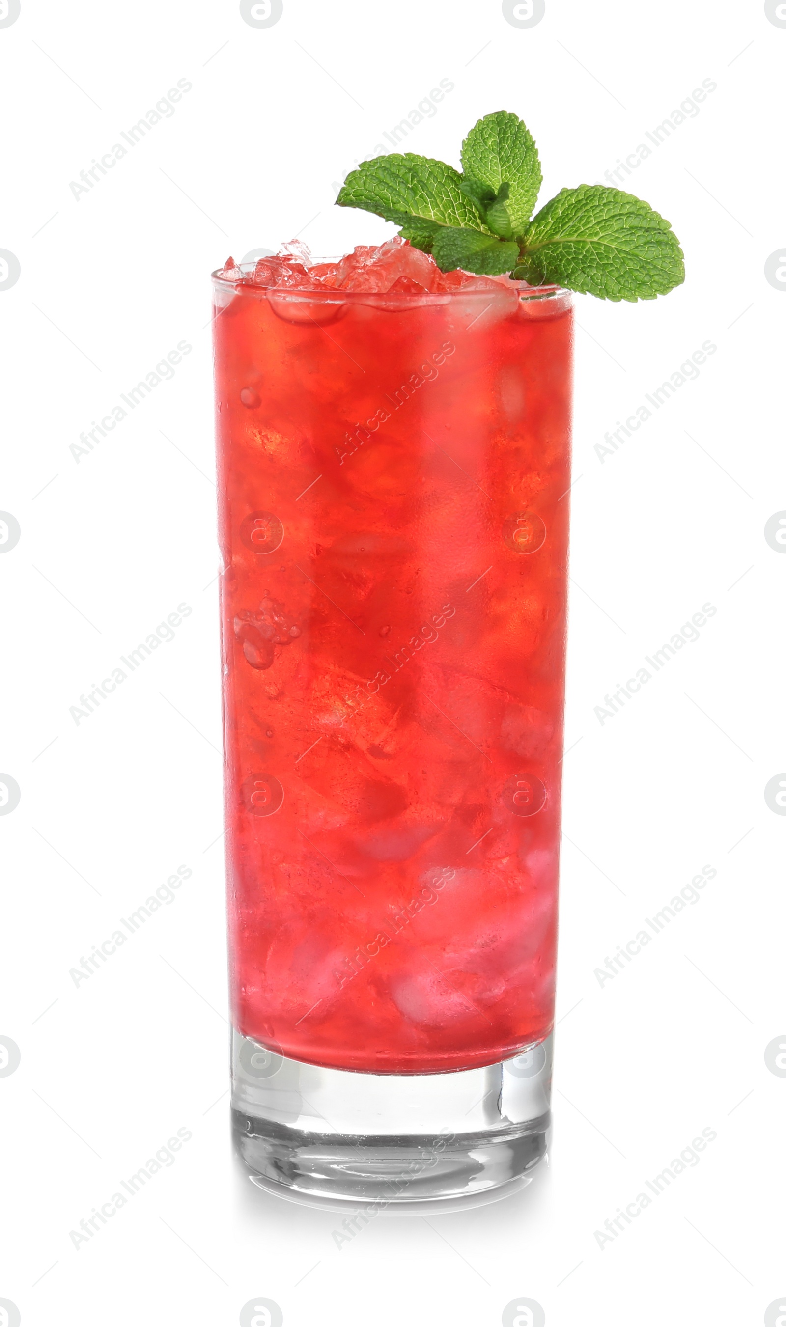 Photo of Tasty cocktail with ice cubes and mint isolated on white