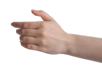 Woman holding something on white background, closeup