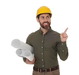 Architect in hard hat with drafts pointing at something on white background