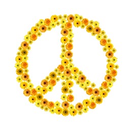 Image of Hippie peace symbol of beautiful flowers on white background