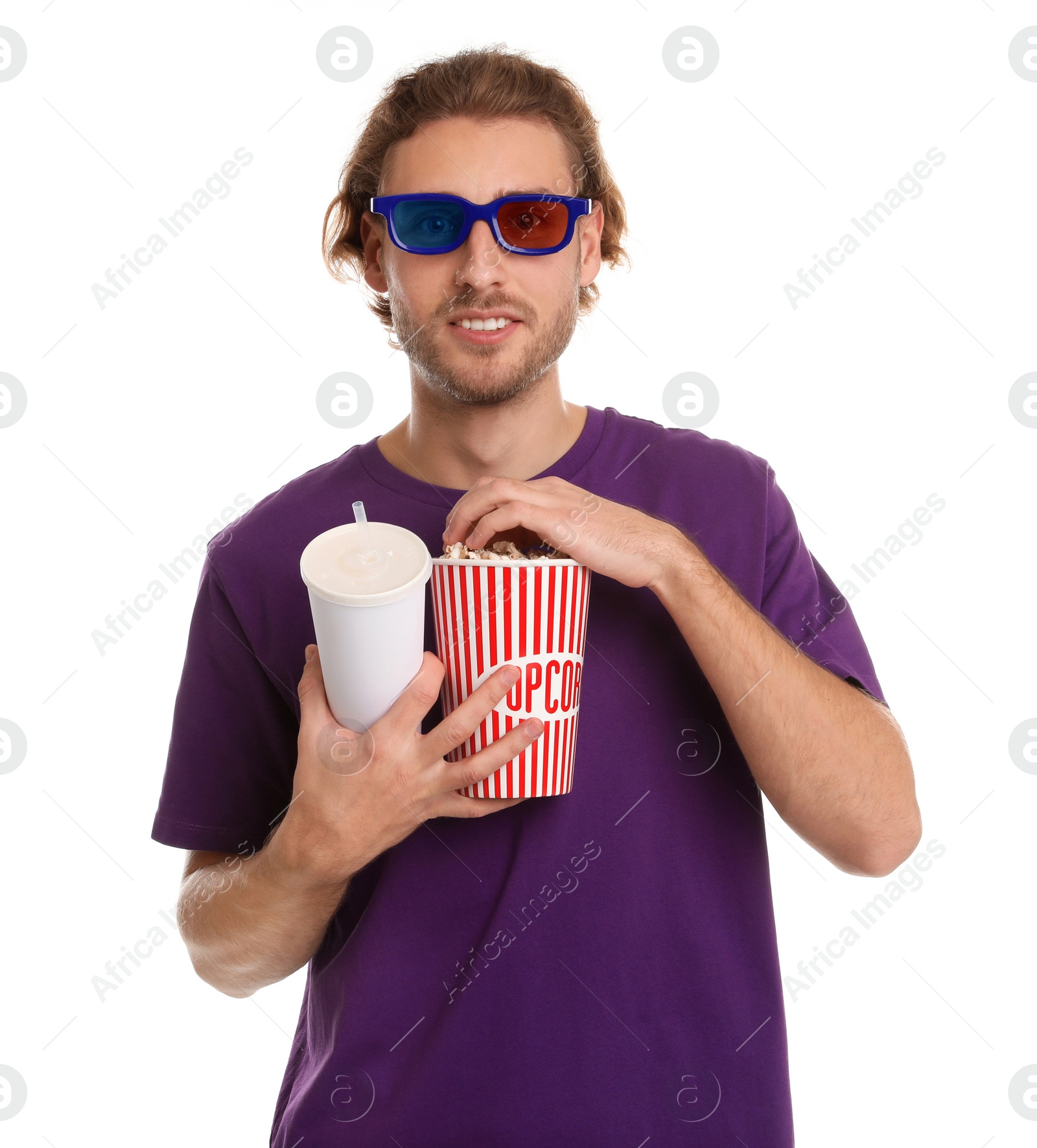 Photo of Man with 3D glasses, beverage and popcorn during cinema show on white background