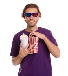 Man with 3D glasses, beverage and popcorn during cinema show on white background