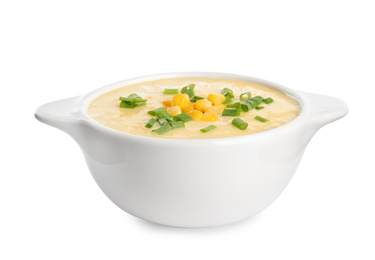 Delicious corn cream soup isolated on white