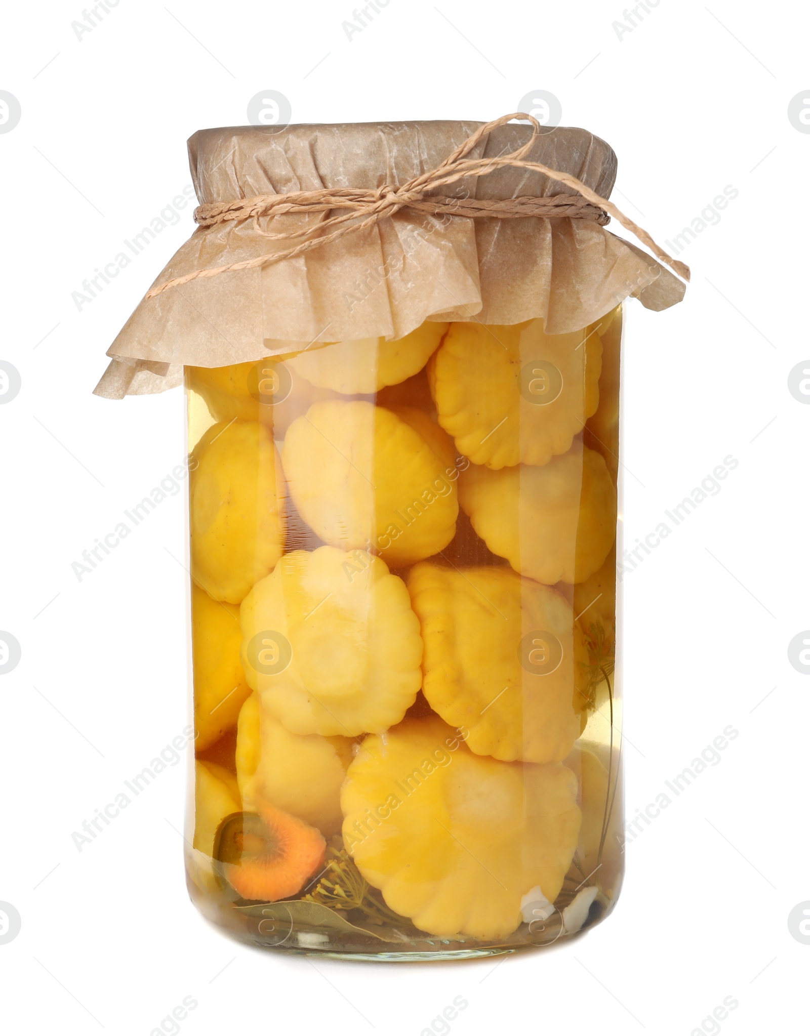 Photo of Jar with pickled pattypan squashes on white background