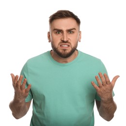 Photo of Angry young man on white background. Hate concept