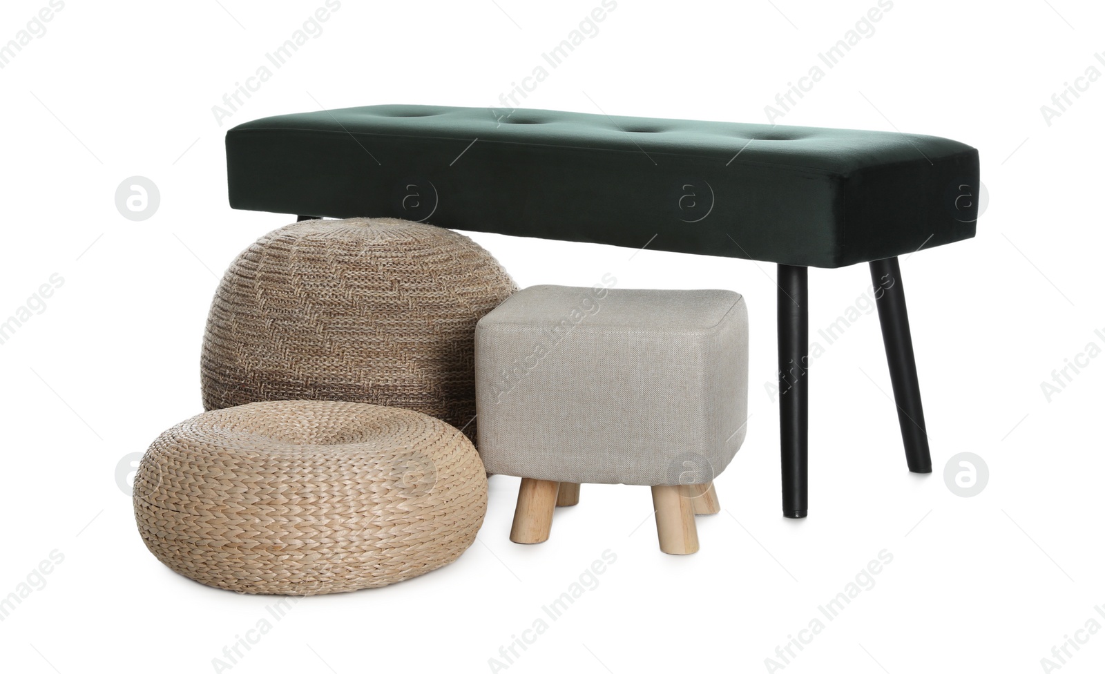 Photo of Different poufs and bench on white background. Home design