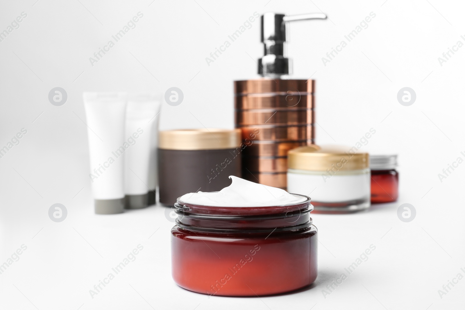 Photo of Different body care products on white background