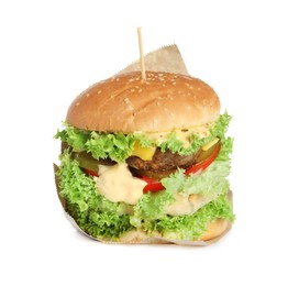 Photo of Burger with delicious patty isolated on white