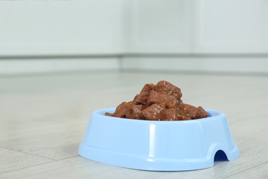 Photo of Wet pet food in feeding bowl on floor indoors, space for text