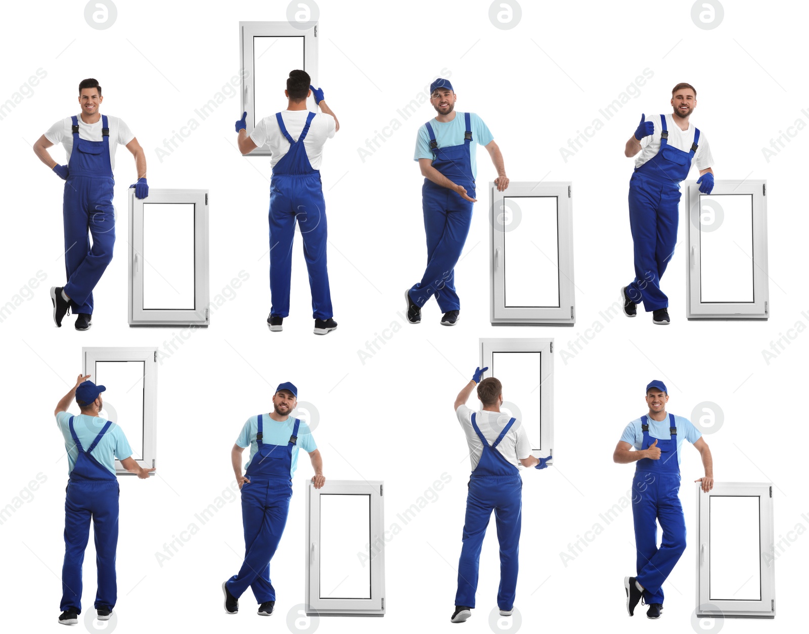 Image of Workers with plastic window on white background, collage. Installation service