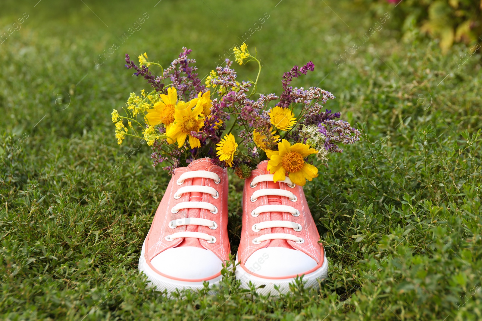 Photo of Shoes with beautiful flowers on grass outdoors